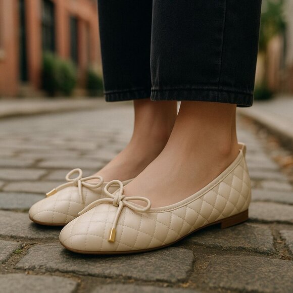 Korean BALLET  Quilted Square Toed Flats w/ Bows Size 240 (1.5) or Ladies 6 - Picture 1 of 5